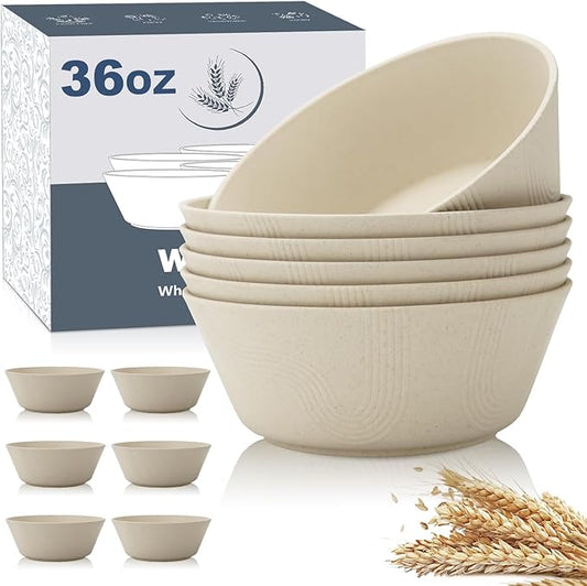 Wheat Straw Bowl Sets with Textured Pattern,6 PCS Unbreakable Cereal Bowl 36 OZ,Microwave and Dishwasher Safe Bowls,Soup Bowl Sets BPA Free for Salad (Beige