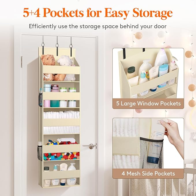 Lifewit 1 Pack Over the Door Organizer, 5 Shelf Clear Window Hanging Storage with 4 Mesh Side Pockets, Anti Tilt 40 lbs Load Behind Door for Pantry, Nursery, Bathroom, Bedroom, Kitchen, Dorm, Beige