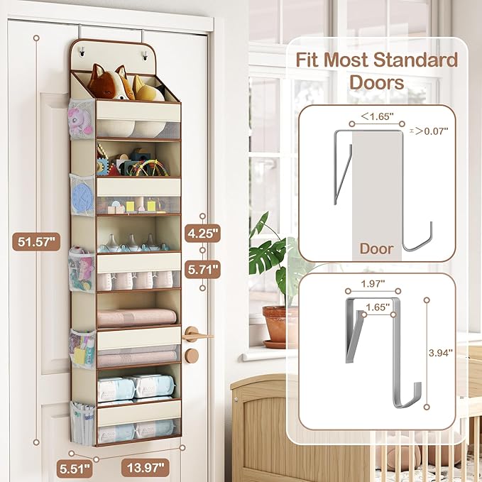 LAMU 1 Pack Over the Door Organizer Hanging with 5 Large Pockets and 10 Mesh Pockets, 44lb Over the Door Storage for Closet, Nursery and Bathroom, Behind the Door Storage with Clothes and Toys, Beige
