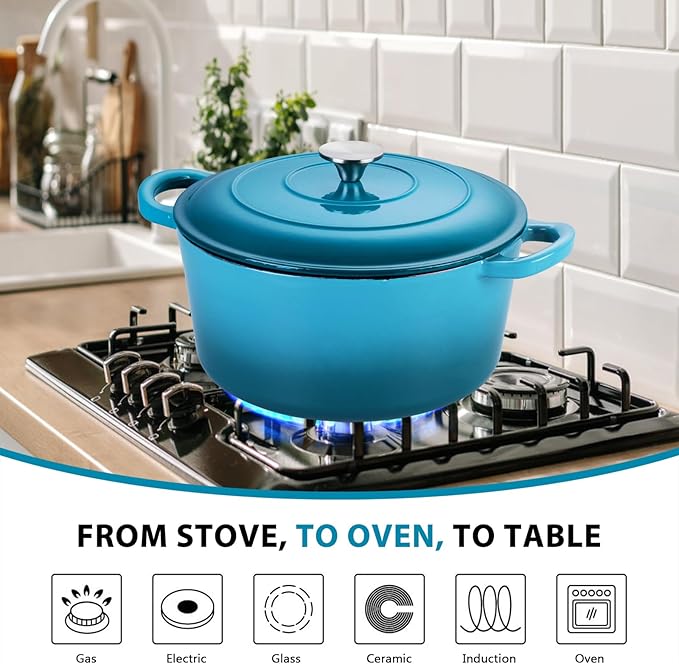 E-far 6 Quart Dutch Oven, Enameled Cast Iron Dutch Oven Pot with Lid, Nonstick Round Cookware for Braising/Stews/Roasting/Bread Baking/Cooking, Heavy Duty, Induction & Oven Safe - Teal Mist