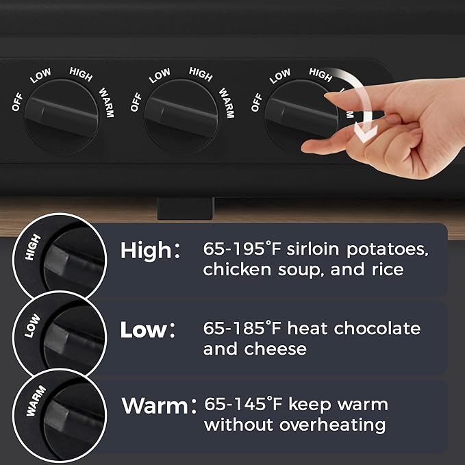 Triple Slow Cooker, 3 X 1.5QT Slow Cooker with 3 Cooking Settings, Buffet Servers and Warmers with Dishwasher-Safe Ceramic Pot, Glass Lid, Black