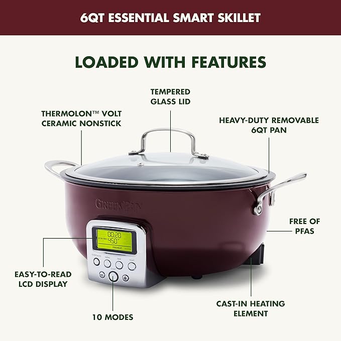 GreenPan Elite Essential Smart Electric 6QT Skillet Pot,Sear Saute Stir-Fry and Cook Rice, Healthy Ceramic Nonstick and Dishwasher Safe Parts, Easy-to-use LED Display, PFAS-Free, Fantasy Fig