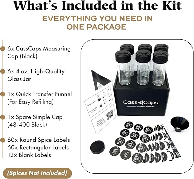 Glass Spice Jars & Measuring Cap Set - Twist to Dispense 1/4 Tsp Per Turn for Precise Cooking - Spice Jars with Lids Keep Kitchen Organized & Tidy - Enjoy Round Spice Jar Without Mess- 6 Pack