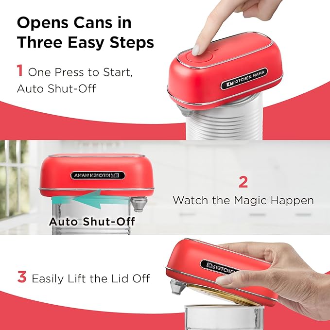 Kitchen Mama Orbit One Rechargeable Electric Can Opener: Hands-free, USB-C Charging, Automatic Stop, Smooth Edge, Safety, Blade for Large Cans, Heavy Duty, Soda Can and Pop Can, with Storage Box (Red)