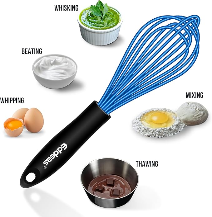 Silicone Whisk, Whisk Non Scratch Whisk for Cooking, 5+7+9+11in Balloon Whisk, Suitable for Mixing, Blending. 11in Flat Whisk great for Ceramic Coated pans and Wider shallower pots. (Blue)