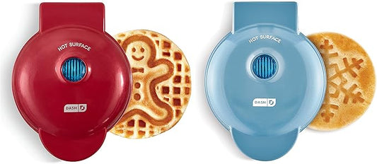 Dash Mini Waffle Maker (2 Pack) for Individual Waffles Hash Browns, Keto Chaffles with Easy to Clean, Non-Stick Surfaces, 4 Inch, Holiday (Snowflake + Gingerbread), Red and Metallic Blue