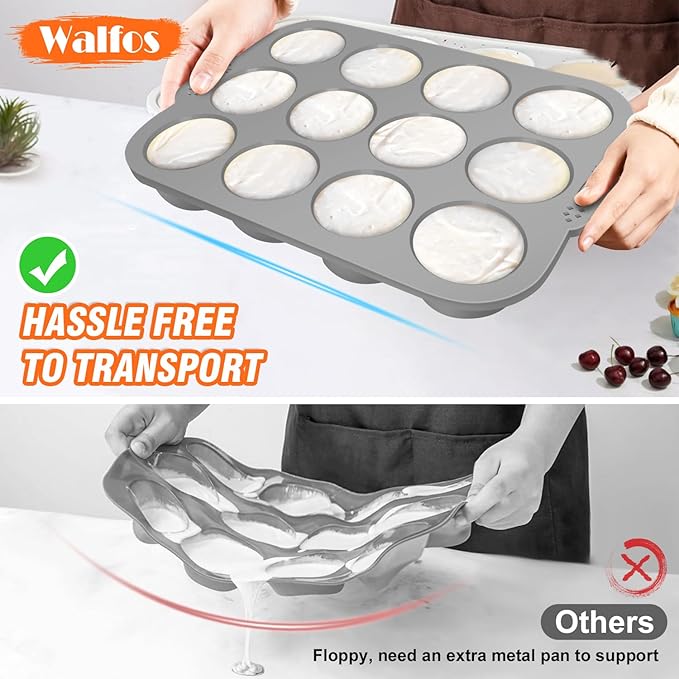 Walfos Silicone Muffin Pan with Metal Frame, 2.8 Inch Regular Size Silicone Cupcake Pan Muffin Tin, Non-Stick 12 Cups Egg Bites Molds for Baking 2 Pack, BPA Free, Dishwasher Safe