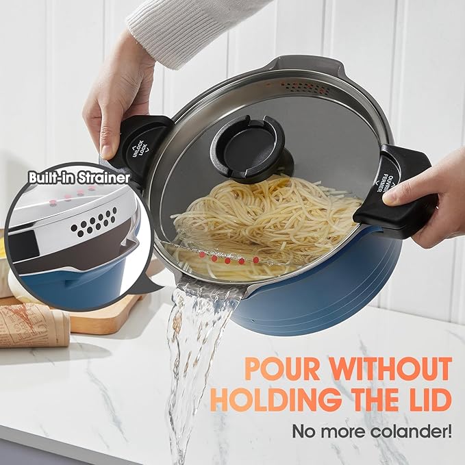 ACTIV CUISINE 5qt Pasta Pot with Strainer Lid, Cast Aluminum Stockpot Multipot, Nonstick Ceramic Coating make Cleanup easy with Tempered Glass Lid, Dishwasher Safe, Induction, Blue