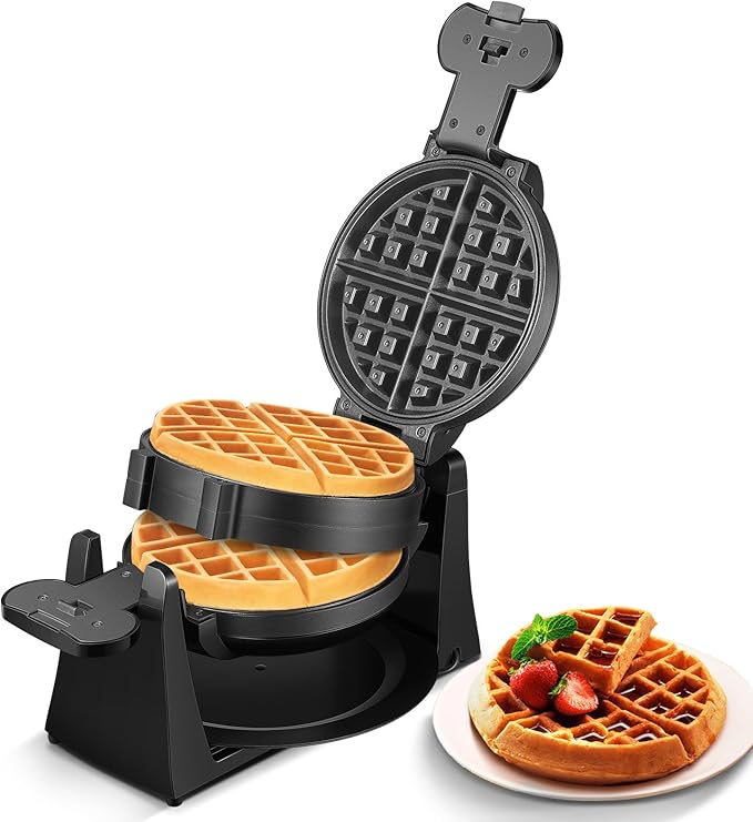 Waffle Maker, 1400W Double Belgian Waffle Iron 180° Flip, 8 Slices in 3 Mins, Rotating & Nonstick Plates, Anti-Scald, Removable Drip Tray Easy to Clean, Cool Touch Handle, Space-Saving Storage(Black)