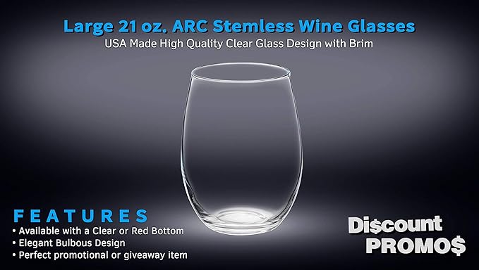 DISCOUNT PROMOS 10 ARC Stemless Wine Glasses Set, 21 oz. - Chardonnay, Cabernet, Merlot, Sauvignon - Clear