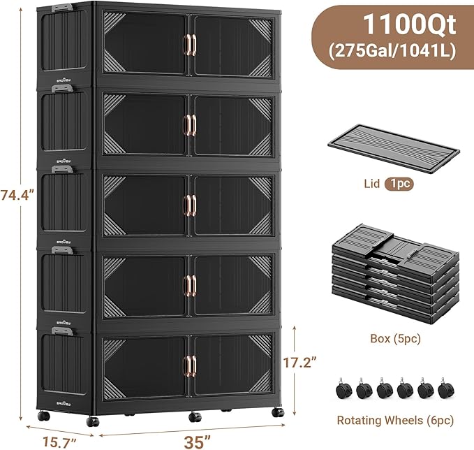 275Gal Plastic Stackable Storage Bins with Lid, 1100QT Extra Large Closet Organizers Collapsible Cabinets Boxes With Drawers, Foldable Containers with 6x Wheels for Home Kitchen, V60 5Pack Black