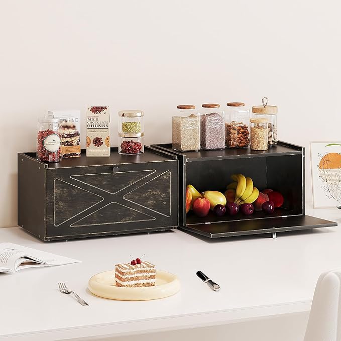 Bamboo Bread Box for Kitchen Counter Farmhouse Bread Storage Container Large Capacity Bread Storage Bin Bread Holder (Antique Back)