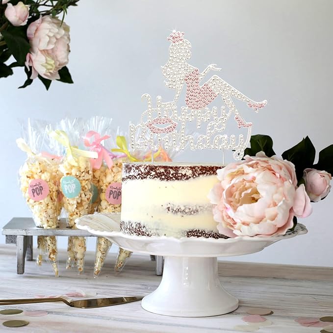 LINGTEER Happy Birthday Crown Queen Lady Rhinestone Cake Topper - Cheers to Makeup Spa Birthday Party Cake Centerpieces Decorations Gift Sign - Pink.