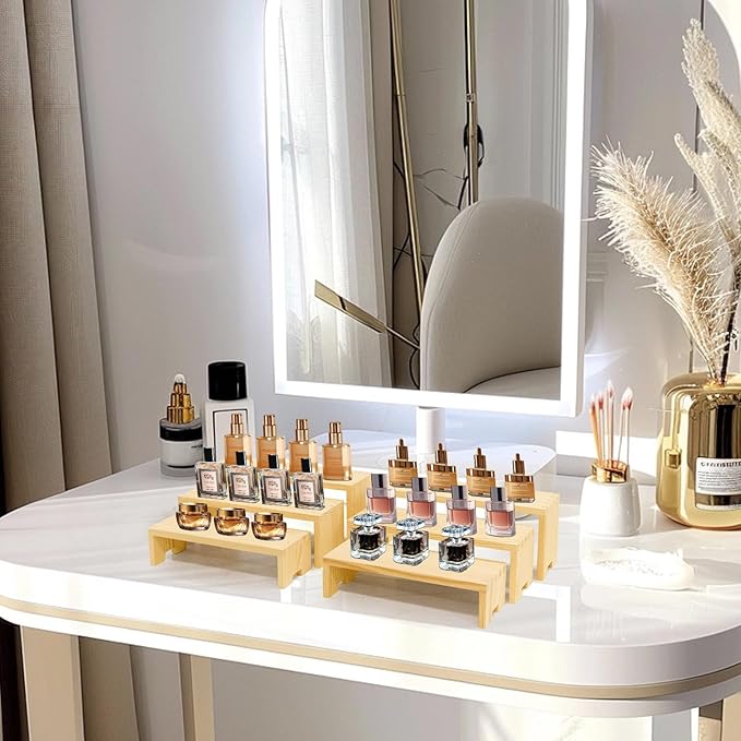 Display Wood Risers Wooden Stand 3 Tier 4 Set 12 Pieces Wooden Stands Decorative Rectangular Display Cupcake Stands Perfume Racks Cologne Organizer(Nature)