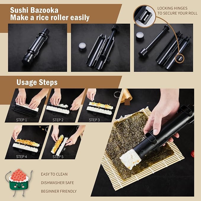 Deluxe Sushi Making Kit 25-in-1 Bazooka Roller Set, Bamboo Mat,Knife,Sauce Tray,Japanese Sashimi Sushi Bamboo Serving Geta Plate,and More - Perfect for Beginners