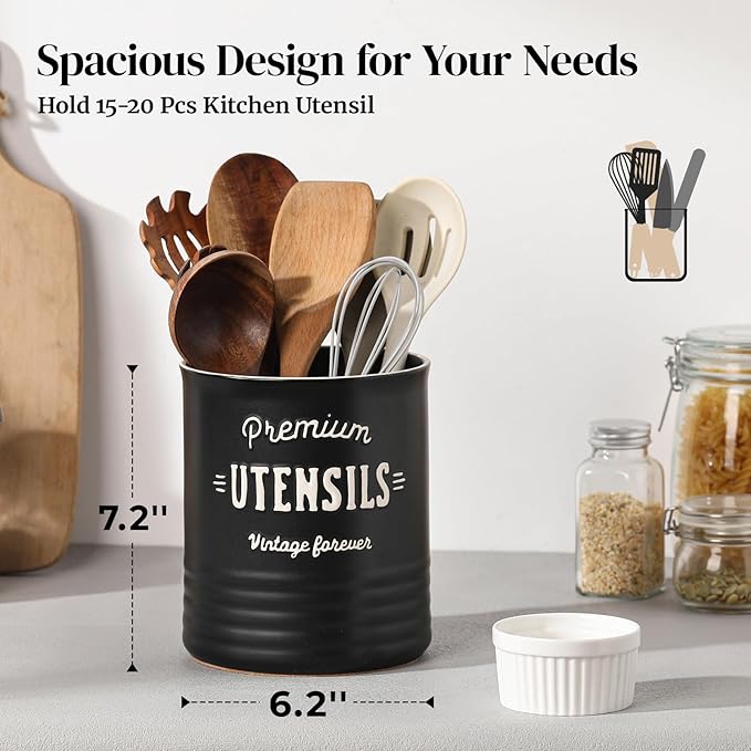 DOWAN 7.2″ Extra Large Utensil Holder, Farmhouse Utensil Holder for Kitchen Counter, Ceramic Utensil Crock with Protection Cork Mat, Utensil Storage for Kitchen Decor & Housewarming Gift, Matte Black