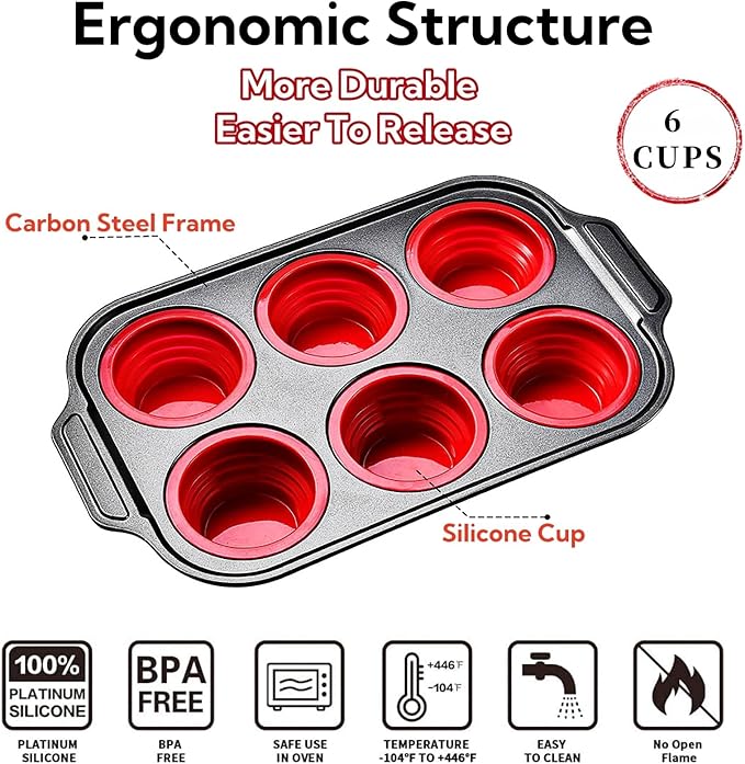 Silicone Muffin Pan, 6 Cups Muffin Pans for Baking with Metal Frame, Cupcake Pan, Egg Bite Molds, Muffin Tin Tray Easy to Pop Nonstick Non Toxic Bakeware for Oven