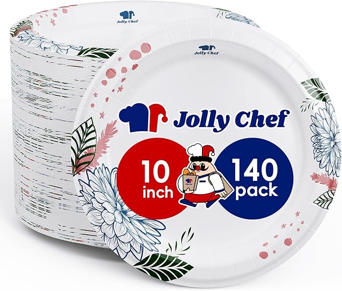 JOLLY CHEF 𝟭𝟰𝟬 𝗖𝗼𝘂𝗻𝘁 𝗣𝗮𝗽𝗲𝗿 𝗣𝗹𝗮𝘁𝗲𝘀 𝟭𝟬 𝗶𝗻𝗰𝗵 Soak Proof, Cut Proof, Heavy Duty Flower Printed Disposable Paper Plates for Everyday Use