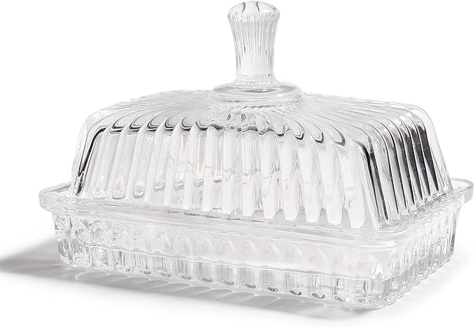 Wide Glass Butter Dish with Cover for Countertop,Vintage Crystal Butter Keeper for Counter,Covered Glass Butter Holder,Butter Holder for Refrigerator,Butter Tray with Two Stick 4oz Butter
