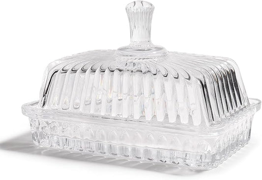 Wide Glass Butter Dish with Cover for Countertop,Vintage Crystal Butter Keeper for Counter,Covered Glass Butter Holder,Butter Holder for Refrigerator,Butter Tray with Two Stick 4oz Butter