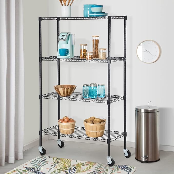 FDW Wire Shelving Storage Shelves 4-Shelf Adjustable NSF Wire Shelf Heavy Duty Storage Shelving Unit on 3” Wheel Casters Commercial Metal Rack 36L x 14W x 62H,Black