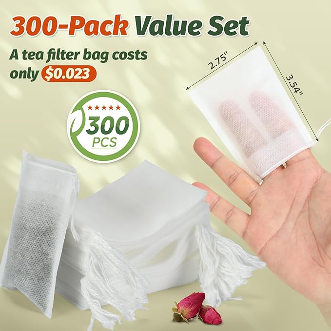 300Pcs Disposable Tea Bags for Loose Leaf Tea, Empty Tea Filter Bags with Cotton Drawstring, Fillable Tea Infuser Sachets for Loose Tea, Coffee, Herb, Spice and More (3.54"x 2.75")