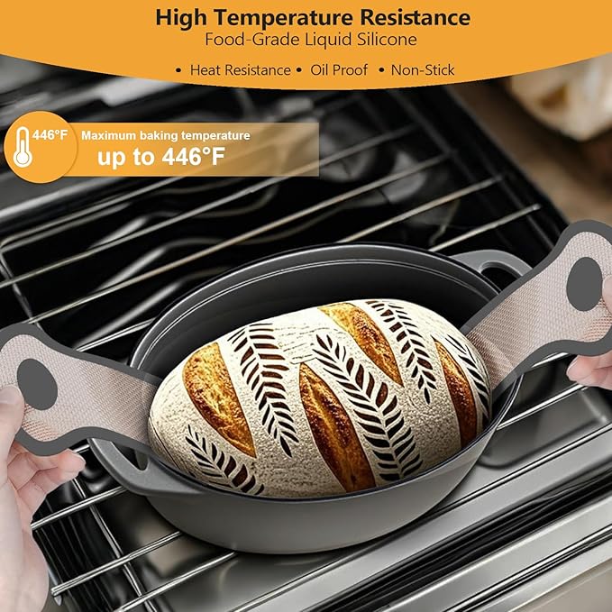 Silicone Bread Sling, Round and Oval Dutch Oven Baking Mat with Upgraded Handles, Non-Stick & Easy Clean Baking Mat to Transfer Sour Dough Easily, 2 Pcs Reusable Bread Mat Set