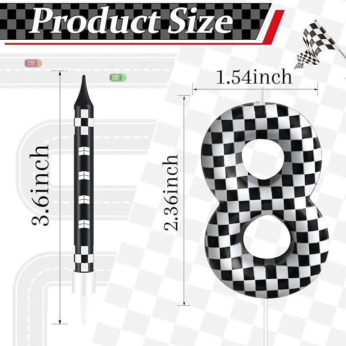 13 Pcs Racing Cars Themed Birthday Candles Black and White Race Number 8 Checkered Candle Cake Topper for Racing Car Party Decoration Supplies (Number 8)