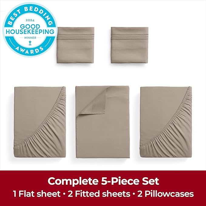 Mellanni Extra Deep Split King Sheets - 5 PC Iconic Collection Bedding - Hotel Luxury, Ultra Soft, Cooling Bed Sheets - Wrinkle, Fade, Stain Resistant (Split King, Tan)