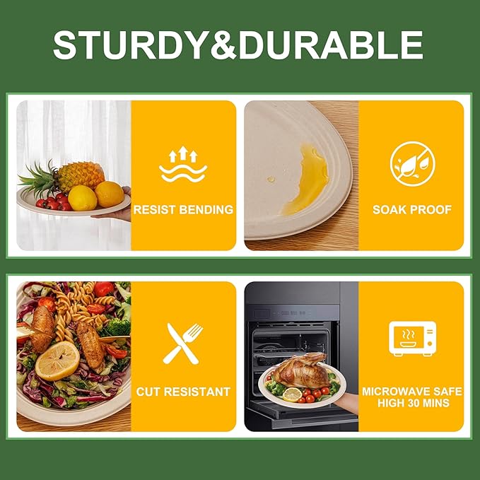 WELLIFE 100% Compostable Oval Paper Plates 12 Inch, 125-Pack Heavy Duty Paper Plates Bulk,Biodegradable Bagasse,Eco-Friendly Disposable Dinner Plate for BBQ,Picnic,Party (BPI Certified,Microwaveable)