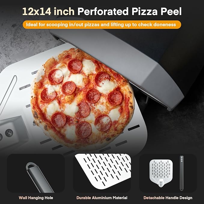 4PCS Pizza Oven Accessories, Yofuly 12 Inch Perforated Pizza Peel, 9 Inch Round Turning Peel, Pizza Stone Cleaning Brush with Scraper, Rocker Cutter, Homemade Pizza Supplies Tools Kit