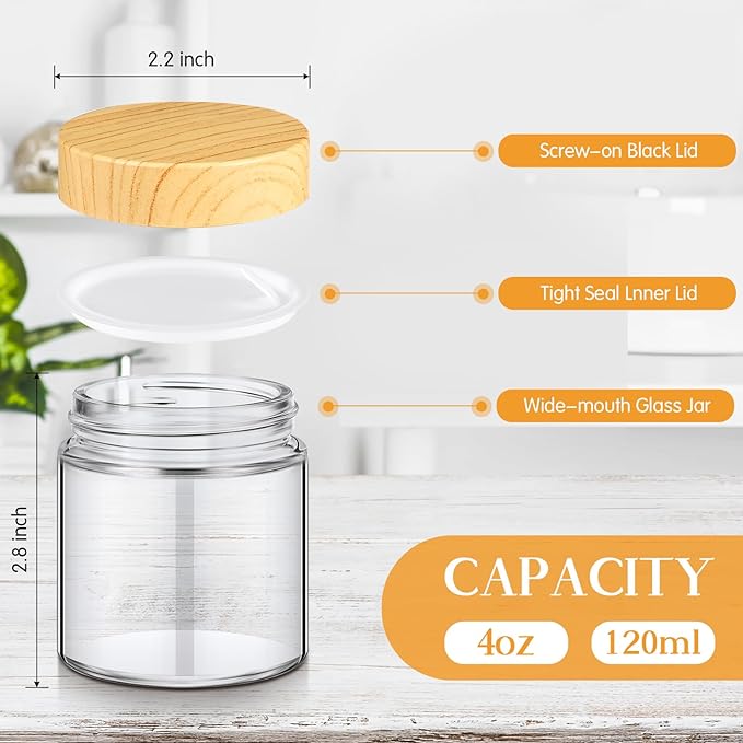 Norme 96 Pcs Glass Jars with Lids Empty Small Glass Containers and Inner Liners Reusable Cosmetic Jars Round Airtight Bottles with Plastic Woodgrain Lids for Travel (4oz)
