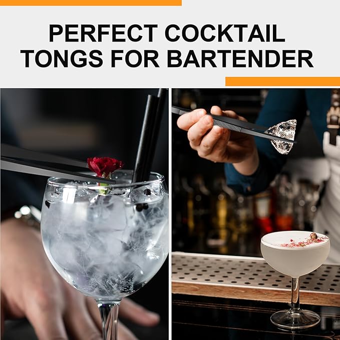 Yaomiao 4 Packs 8 Inch Bar Tweezers Black Long Garnish Tongs Stainless Steel Kitchen Cooking Tongs Tweezers for Food Cocktail Korean BBQ Bartender Chef, Multi-use