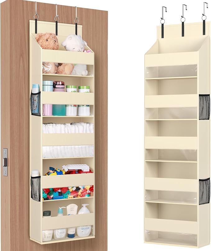 Lifewit 1 Pack Over the Door Organizer, 5 Shelf Clear Window Hanging Storage with 4 Mesh Side Pockets, Anti Tilt 40 lbs Load Behind Door for Pantry, Nursery, Bathroom, Bedroom, Kitchen, Dorm, Beige