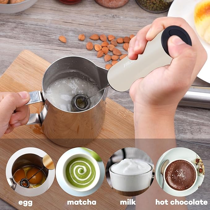 Milk Frother, Rechargeable Battery Operated Frother for Coffee,Portable Drink Mixer with 2 Stainless Steel Whisk Heads,Milk Foamer for Keto Coffee, Latte, Cappuccino, Hot Chocolate,White