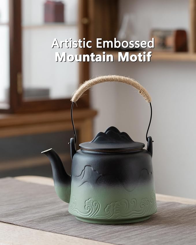 ZENS Vintage Japanese Teapot, 33.8 oz Embossed Ceramic Loose Leaf Teapot with Built-in Strainer for Hot Tea Steeper, Hemp Rope Handle Japanese Tea Brewer Pot for Tea Lovers Gifts