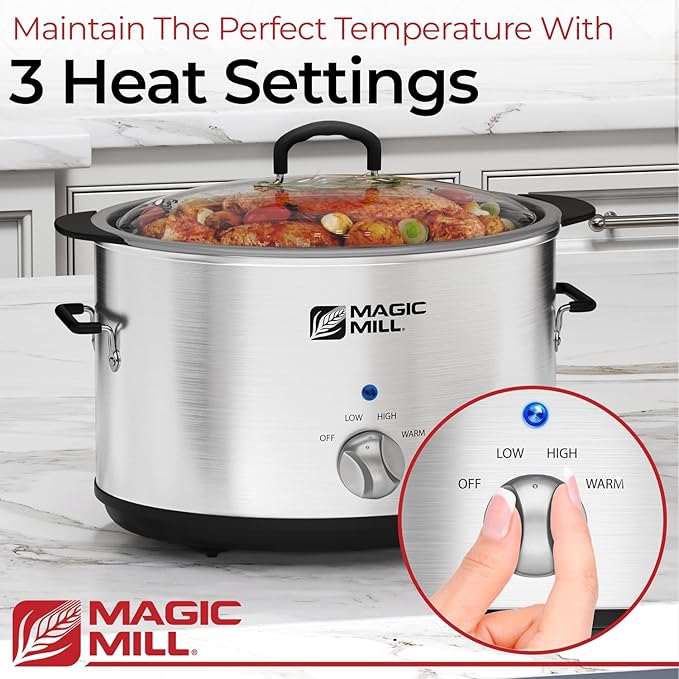 Magic Mill Slow Cooker 10 Quart | Extra Large Non-Stick Metal Searing Pot & Transparent Tempered Glass Lid Multipurpose Lightweight Slow Cookers, Pot is Safe to Put the On the Flame, Dishwasher Safe