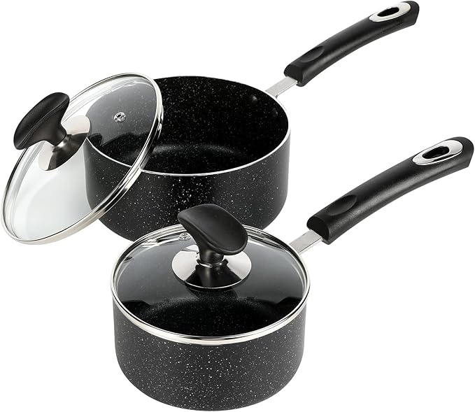 Nonstick Saucepan Set - 1 Quart and 2 Quart,Ultra Non Stick Sauce Pan Small Pot with Glass Lid,Great for Home Kitchen Restaurant,Black