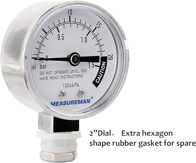MEASUREMAN Stainless Steel Pressure Cooker Gauge, Pressure Canner Gauge, Steam Pressure Gauge, 2" Dial, Lower Mount, Including Hexagon Gasket and Nut