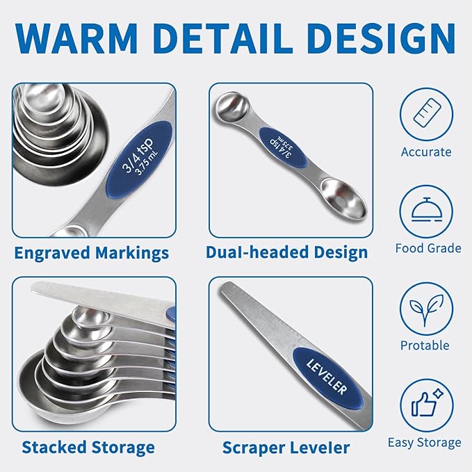 18 Pieces Measuring Cups and Spoons set, Includes 10 Stackable Measuring Cup with Lid and 9 Magnetic Measuring Spoons for Liquid and Dry, BPA Free, Dishwasher Safe (Sapphire)