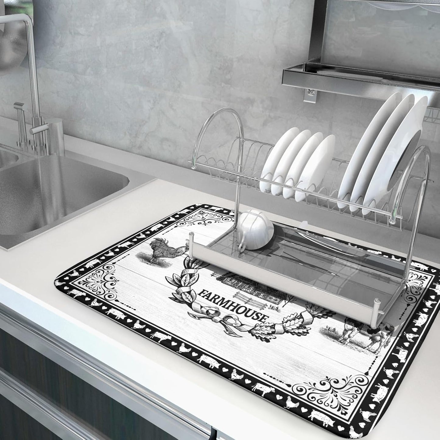 Farm Animal Dish Drying Mat 18x24 Inch Welcome to Our Farmhouse Microfiber Dish Drainer Pads Absorbent Fast Dry Kitchen Accessories