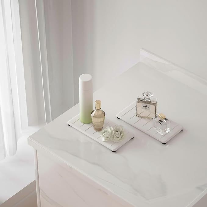 2PCS Water Absorbing Stone Tray for Cosmetics & Hand Soap & Houseplants, 8.66" * 4.33"Ultra-Absorbent Diatomite Coaster | Fast-Drying Bathroom & Kitchen Organizer