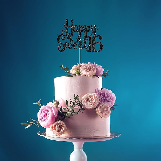 Gyufise 1Pc Happy Sweet 16 Cake Topper Glitter 16th Birthday Cake Pick for Cheers to 16 Years Old 16th Birthday Party Cake Decorations Supplies Black