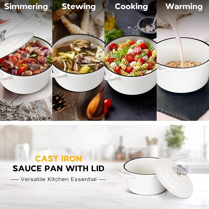 1QT Sauce Pan, Onader Enameled Cast Iron Saucepan Dutch Oven Pot with Lid, Small Cooking Sauce Pot, Nonstick & Oven Safe – White