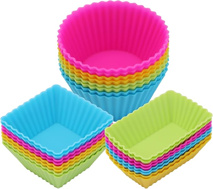 24Pack Silicone Muffin Cups, Reusable Cupcake Liners Molds for Baking, 3 Shapes Lunch Box Bento Dividers-Round, Square, and Rectangular (Colorsful, Large Size)