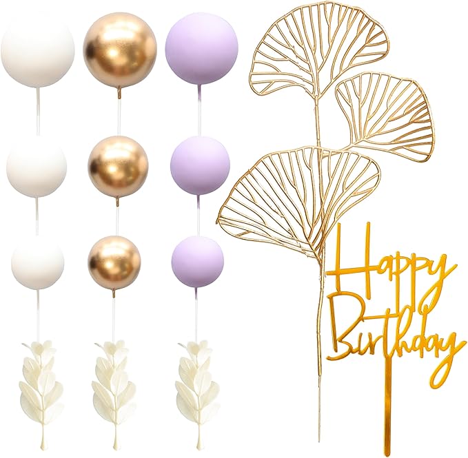 Gyufise 57Pcs Balls Cake Topper Boho Grass Cake topper Pearl Balls Acrylic Happy Birthday Cake Decorations for Wedding Baby Shower Birthday Boho Themed Party Supplies Purple