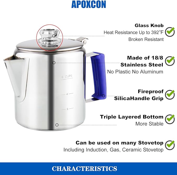 Multi Use Percolator Coffee Pot Stainless Steel Stove Top Coffee Maker with Two Tough Borosilicate Glass Knob Silica Handle Camping Coffee Pot Using on Campfire Stove & Induction Cooker Silver 6 Cup