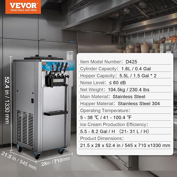 VEVOR Commercial Ice Cream Machine, 21-31 L/H Yield, 1800W 3-Flavor Freestanding Soft Serve Ice Cream Maker, 2 x 5.5L Stainless Steel Cylinder, LED Panel Auto Clean Pre-cooling, for Restaurant Bars