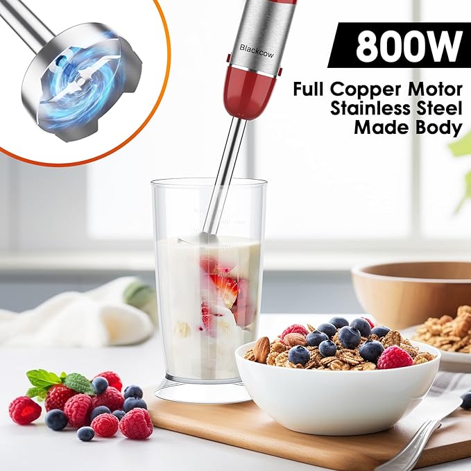 Multi-Use 5 in 1 Immersion Blender 3.0, BPA-Free, 800W 12 Speed Hand Blenders for Kitchen, Copper Motor Stainless Steel Blade Emulsion Blender Handheld with Chopper, Whisk and Frother, Red