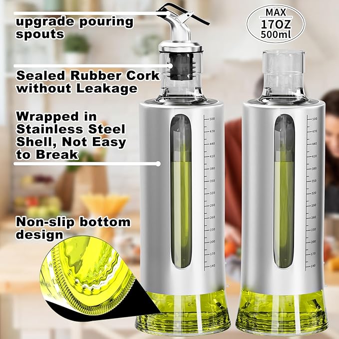 Oil Dispenser Bottle, 4 Pack Glass Olive Oil Dispenser Bottle with Shelf, 17oz/500 ml Oil and Vinegar Dispenser Set Wrapped in Stainless Steel Shell with Pourers, Funnel & Pen and Tags